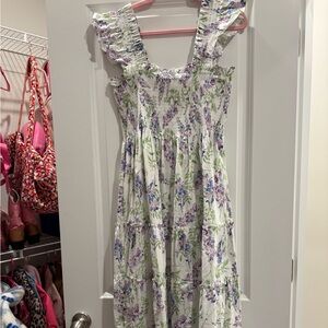 Hill House The Nap Dress in White with Lavender and Green Print